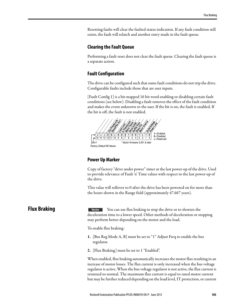 Flux braking, Clearing the fault queue, Fault configuration | Power up marker | Rockwell Automation 20B PowerFlex 70, PowerFlex 700 Reference Manual User Manual | Page 103 / 214