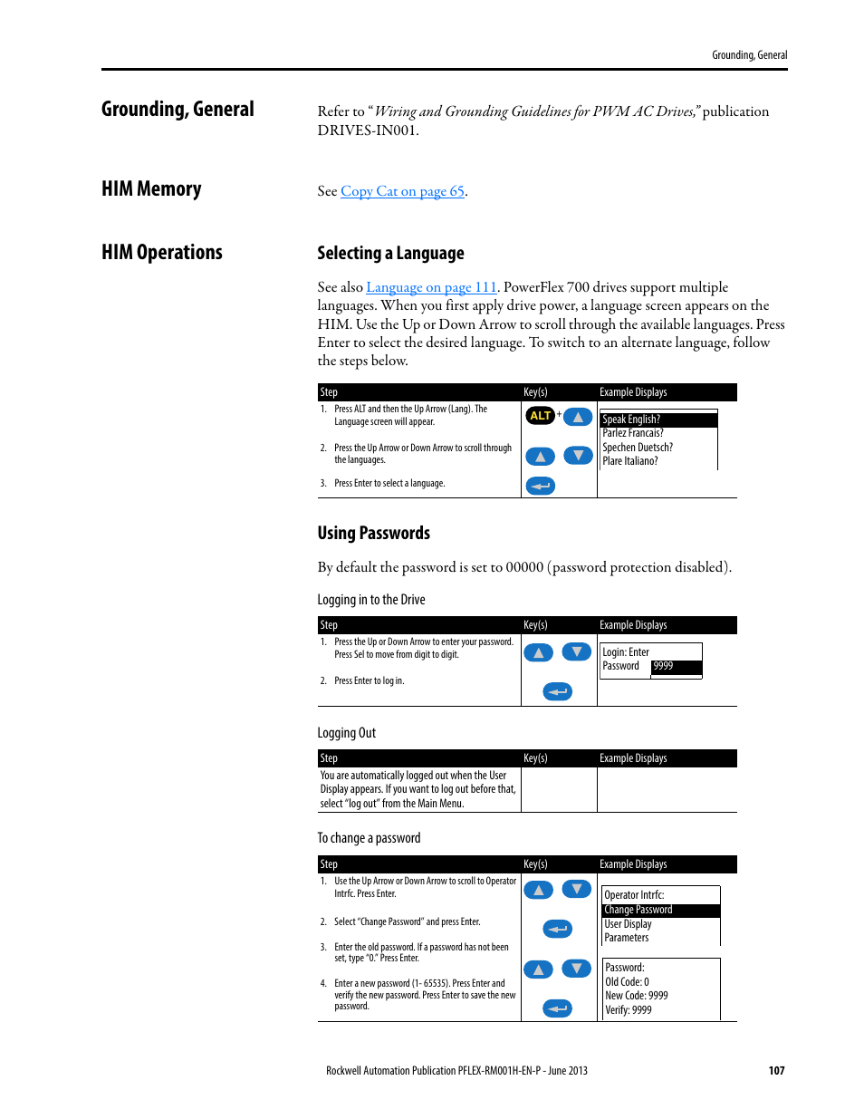 Grounding, general, Him memory, Him operations | Grounding, general him memory him operations, Selecting a language, Using passwords | Rockwell Automation 20B PowerFlex 70, PowerFlex 700 Reference Manual User Manual | Page 107 / 214