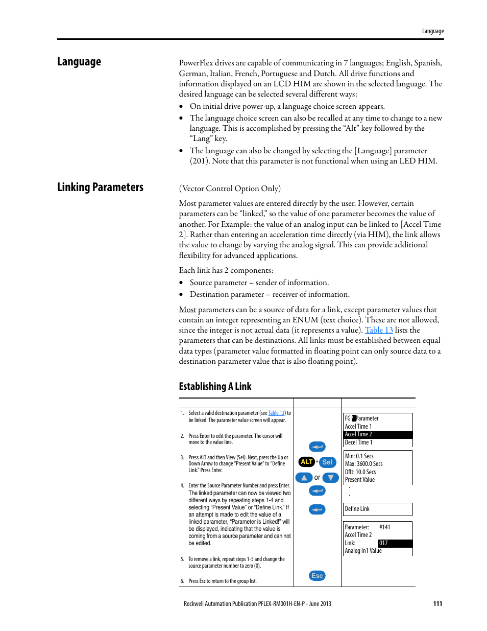 Language, Linking parameters, Language linking parameters | Establishing a link | Rockwell Automation 20B PowerFlex 70, PowerFlex 700 Reference Manual User Manual | Page 111 / 214