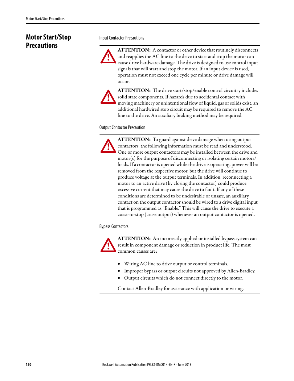 Motor start/stop precautions | Rockwell Automation 20B PowerFlex 70, PowerFlex 700 Reference Manual User Manual | Page 120 / 214