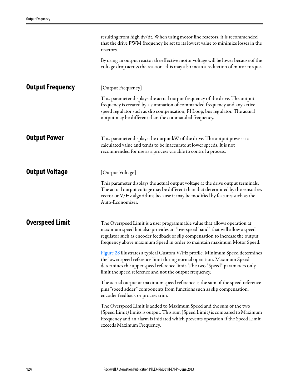 Output frequency, Output power, Output voltage | Overspeed limit | Rockwell Automation 20B PowerFlex 70, PowerFlex 700 Reference Manual User Manual | Page 124 / 214