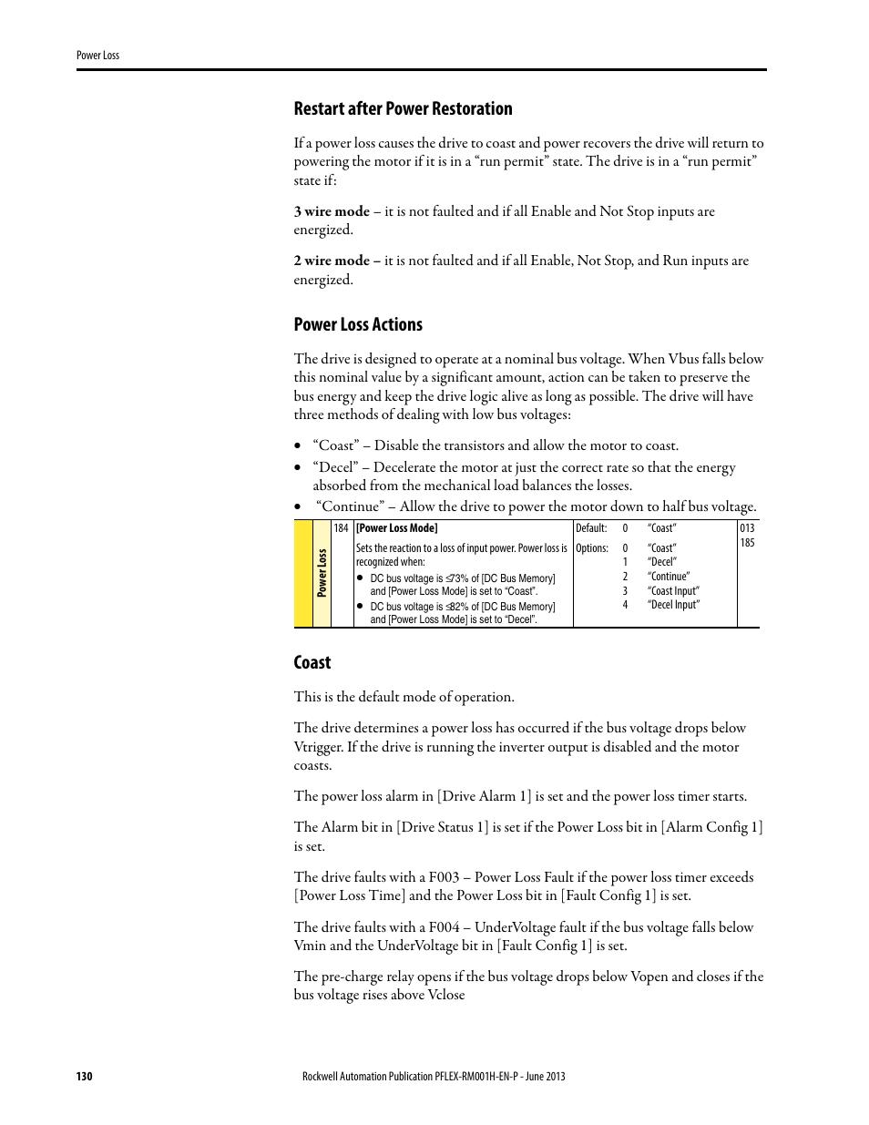 Restart after power restoration, Power loss actions, Coast | Rockwell Automation 20B PowerFlex 70, PowerFlex 700 Reference Manual User Manual | Page 130 / 214