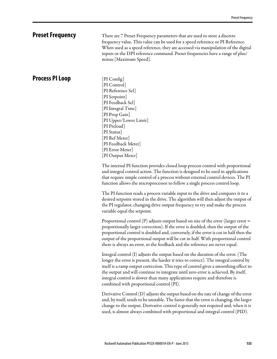 Preset frequency, Process pi loop, Preset frequency process pi loop | Process pi loop on | Rockwell Automation 20B PowerFlex 70, PowerFlex 700 Reference Manual User Manual | Page 135 / 214