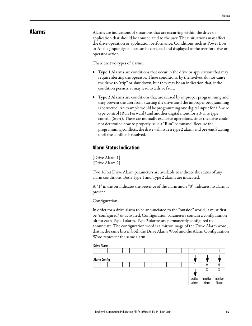 Alarms, Alarm status indication | Rockwell Automation 20B PowerFlex 70, PowerFlex 700 Reference Manual User Manual | Page 15 / 214