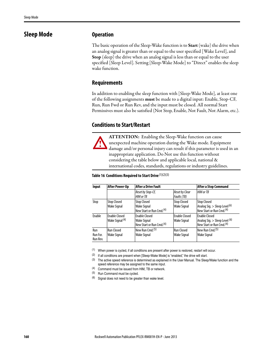 Sleep mode, Operation, Requirements | Conditions to start/restart | Rockwell Automation 20B PowerFlex 70, PowerFlex 700 Reference Manual User Manual | Page 160 / 214
