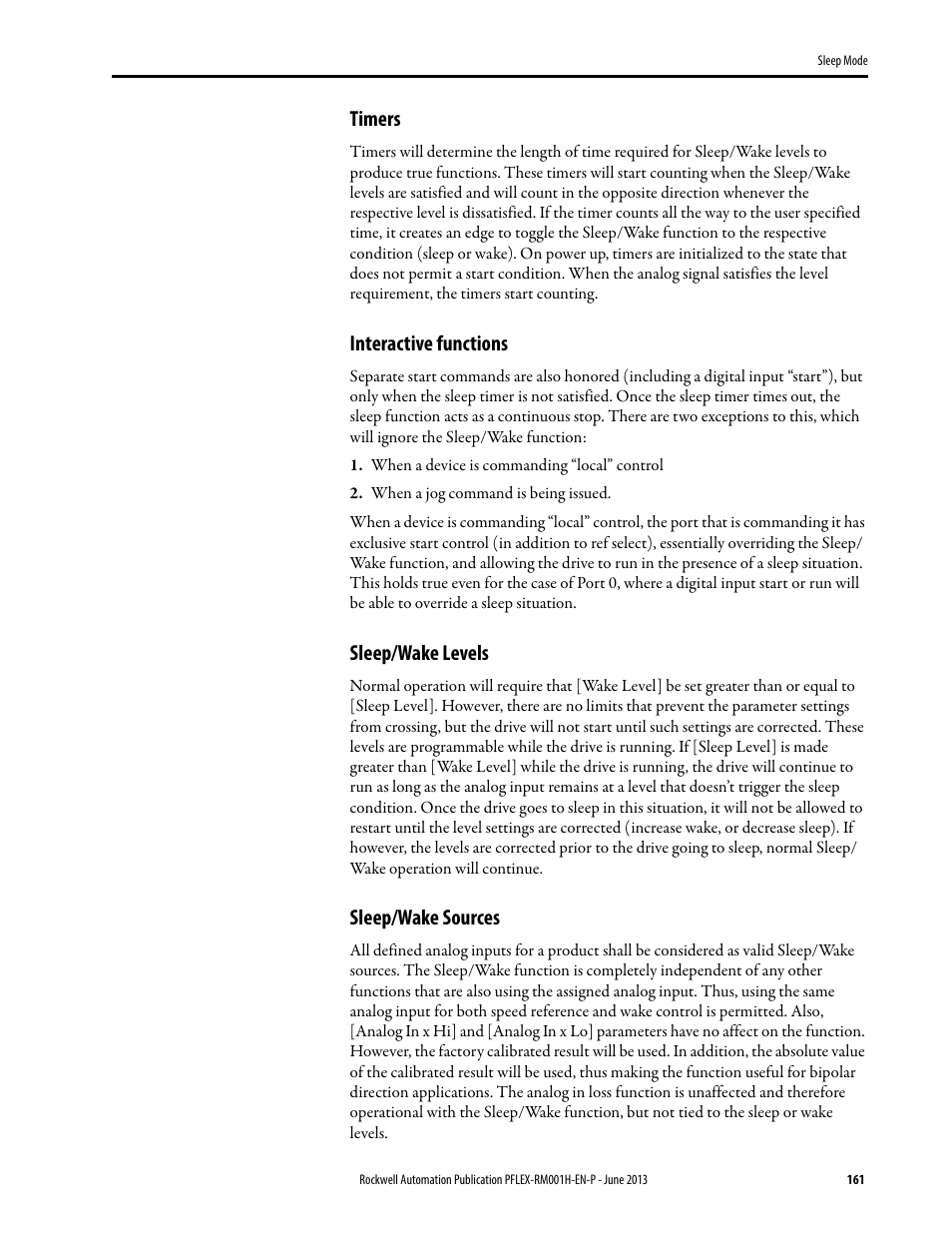 Timers, Interactive functions, Sleep/wake levels | Sleep/wake sources | Rockwell Automation 20B PowerFlex 70, PowerFlex 700 Reference Manual User Manual | Page 161 / 214