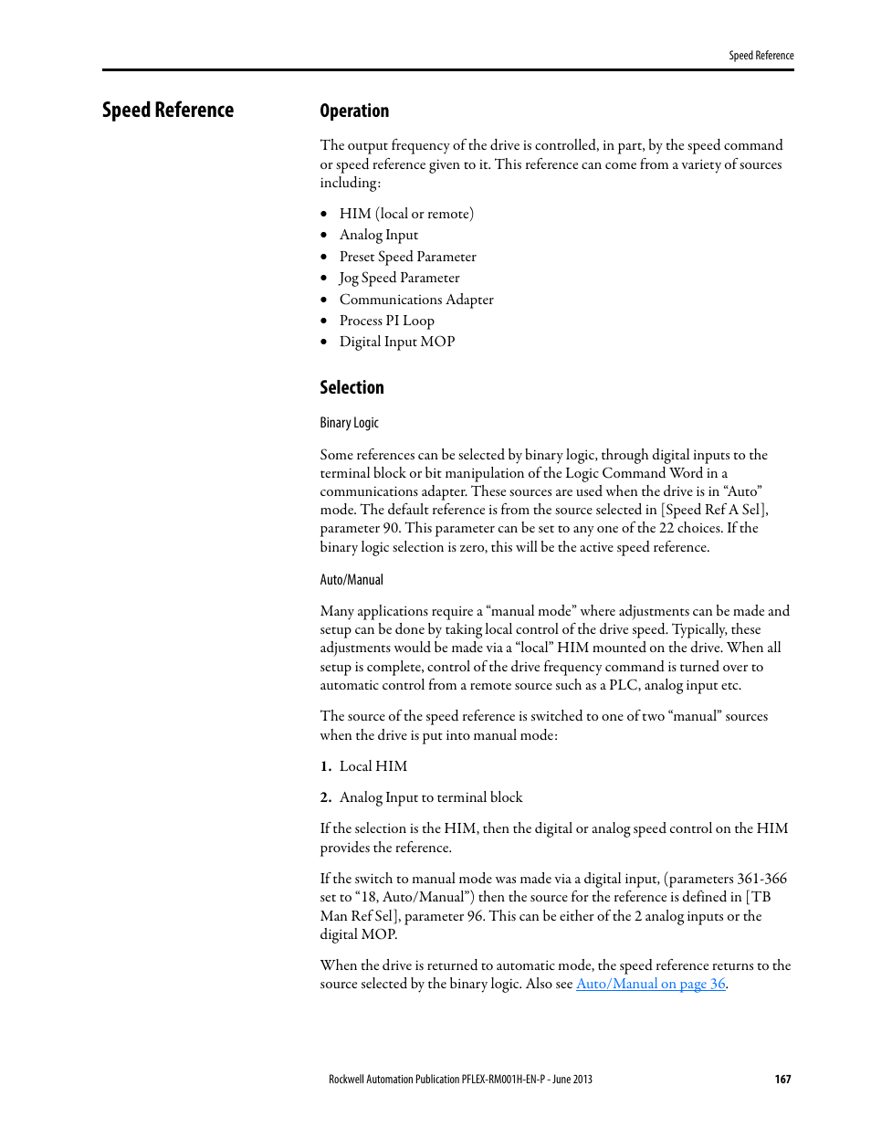 Speed reference, Operation, Selection | Rockwell Automation 20B PowerFlex 70, PowerFlex 700 Reference Manual User Manual | Page 167 / 214