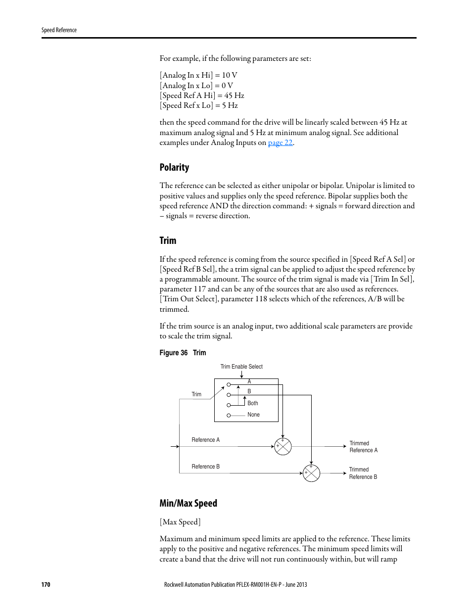 Polarity, Trim, Min/max speed | Rockwell Automation 20B PowerFlex 70, PowerFlex 700 Reference Manual User Manual | Page 170 / 214