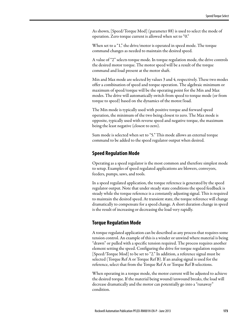 Speed regulation mode, Torque regulation mode | Rockwell Automation 20B PowerFlex 70, PowerFlex 700 Reference Manual User Manual | Page 173 / 214