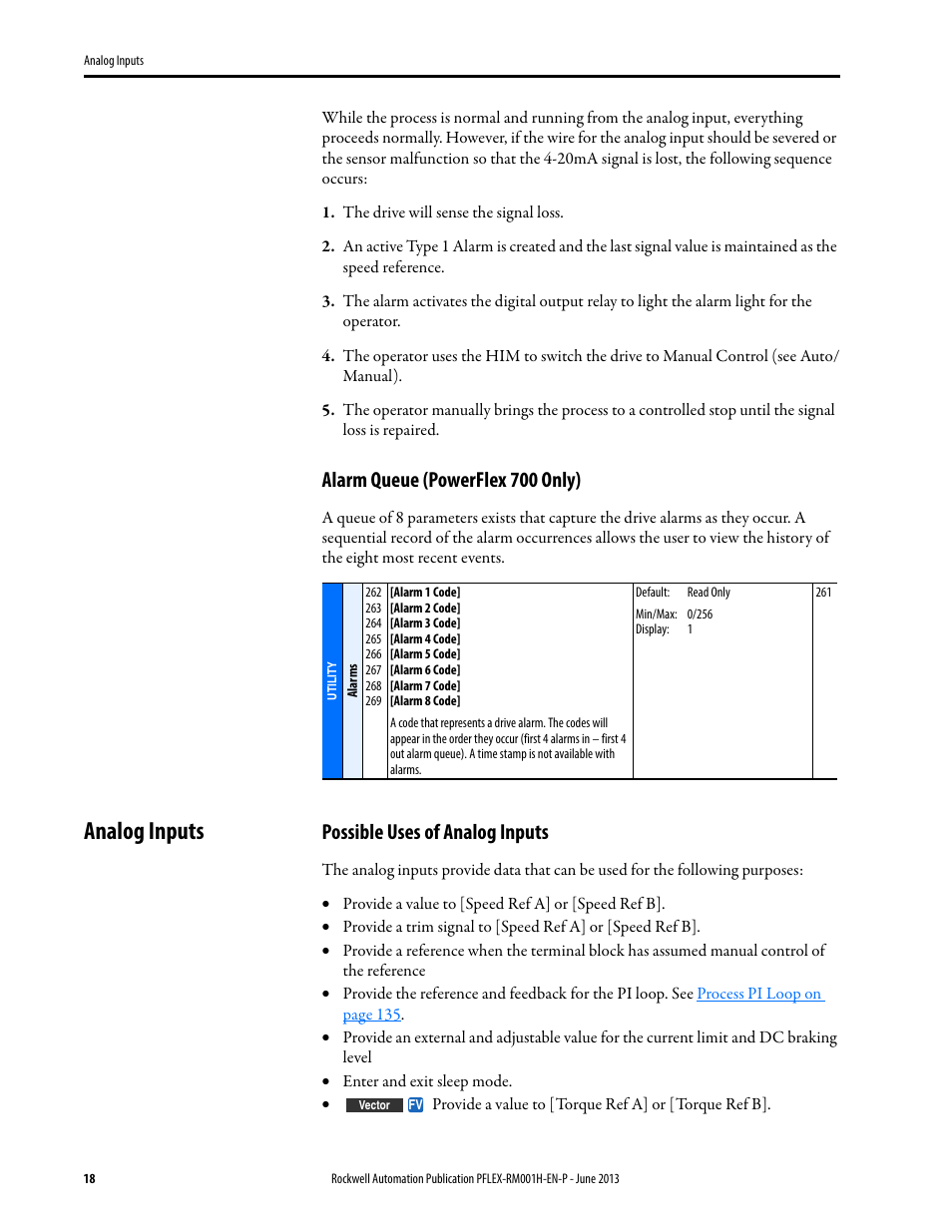 Analog inputs, Alarm queue (powerflex 700 only), Possible uses of analog inputs | Rockwell Automation 20B PowerFlex 70, PowerFlex 700 Reference Manual User Manual | Page 18 / 214