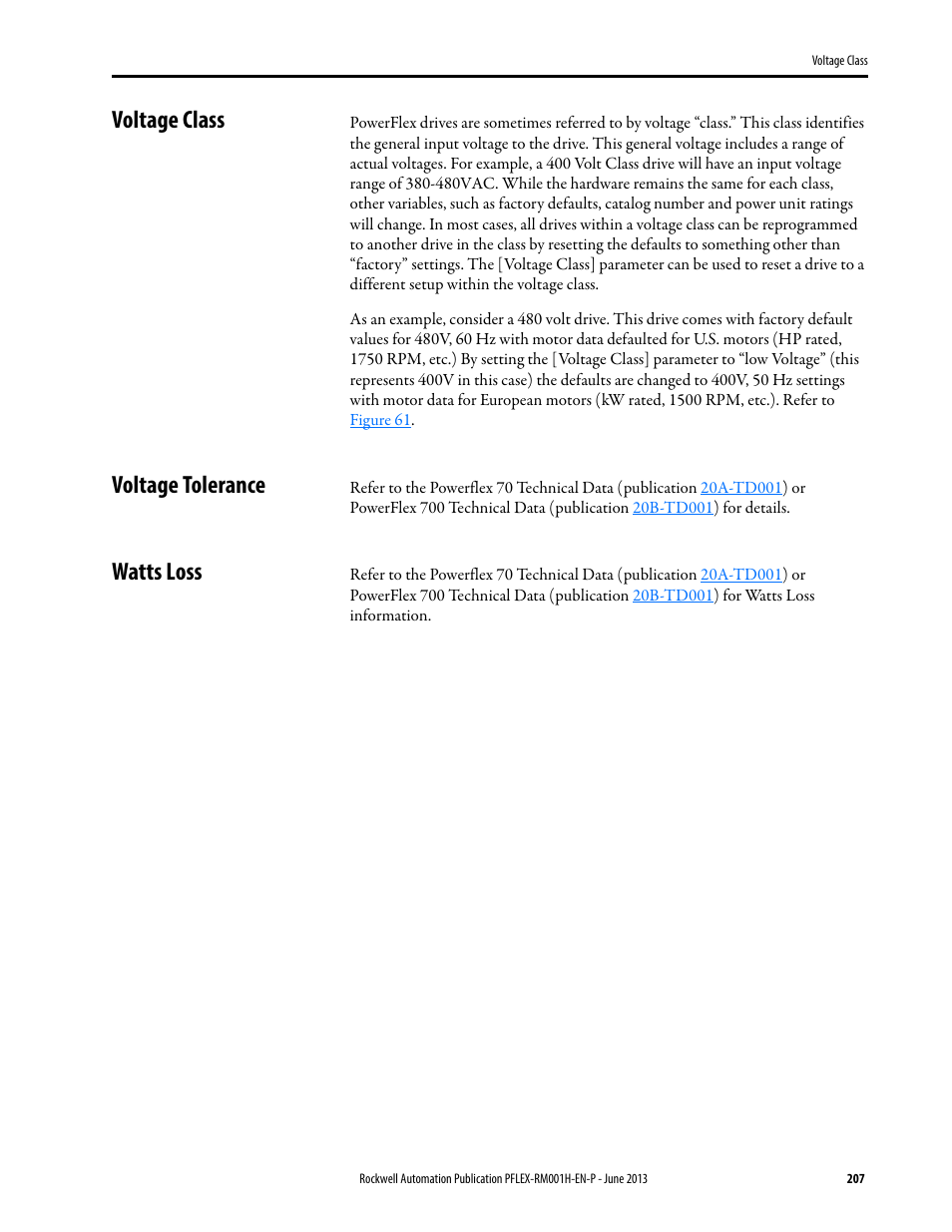 Voltage class, Voltage tolerance, Watts loss | Voltage class voltage tolerance watts loss | Rockwell Automation 20B PowerFlex 70, PowerFlex 700 Reference Manual User Manual | Page 207 / 214