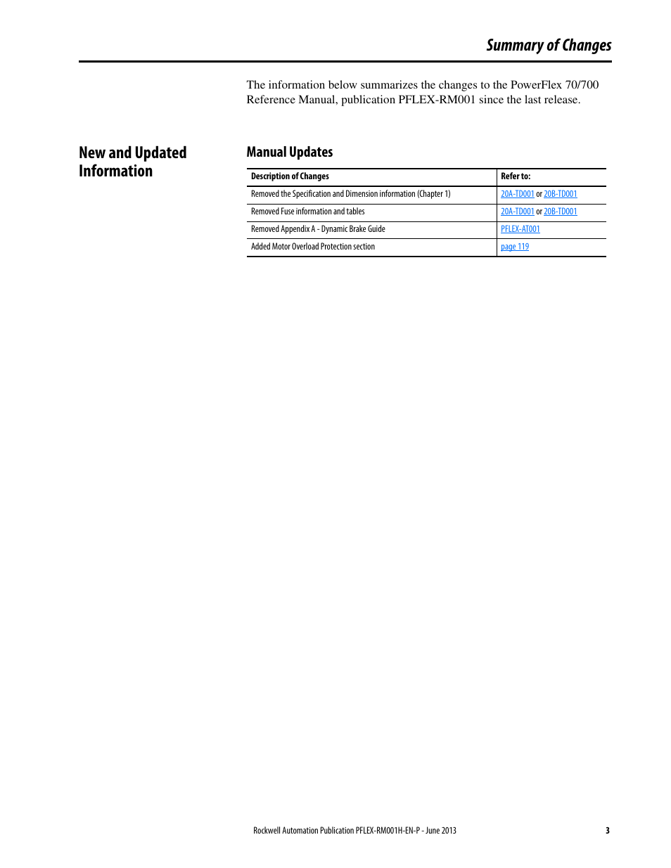 Summary of changes, New and updated information, Manual updates | Rockwell Automation 20B PowerFlex 70, PowerFlex 700 Reference Manual User Manual | Page 3 / 214