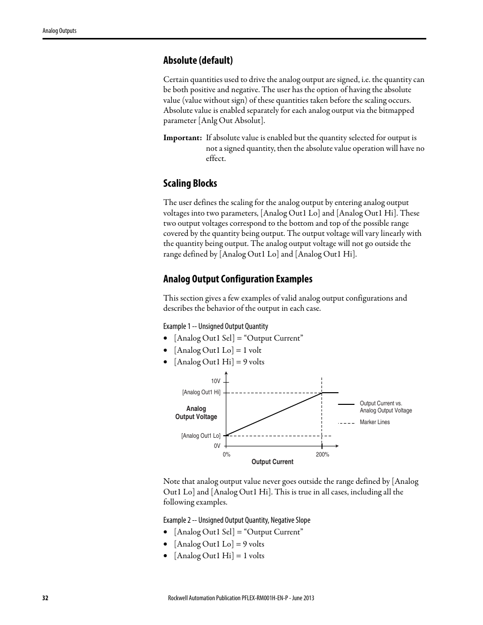 Absolute (default), Scaling blocks, Analog output configuration examples | Rockwell Automation 20B PowerFlex 70, PowerFlex 700 Reference Manual User Manual | Page 32 / 214