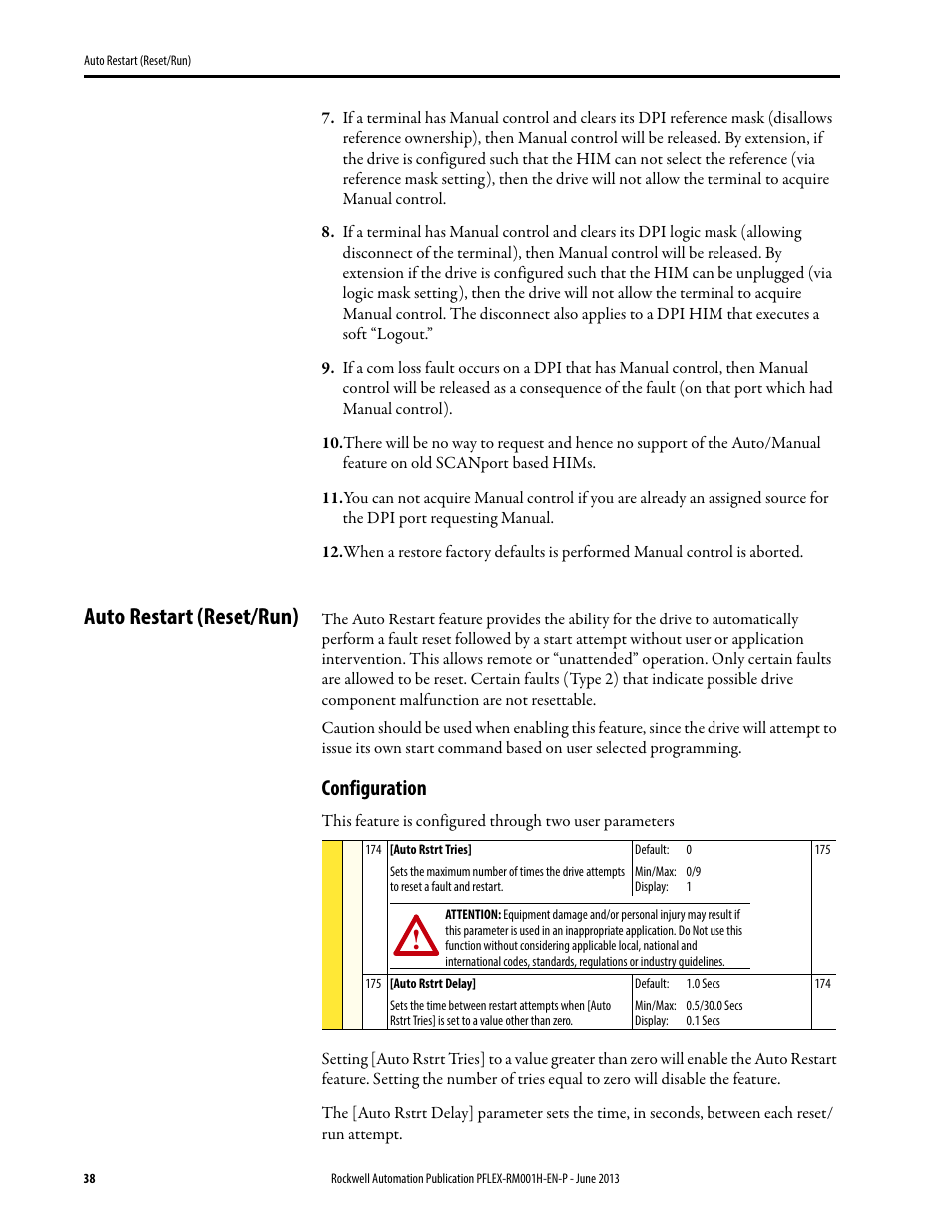 Auto restart (reset/run), Configuration | Rockwell Automation 20B PowerFlex 70, PowerFlex 700 Reference Manual User Manual | Page 38 / 214