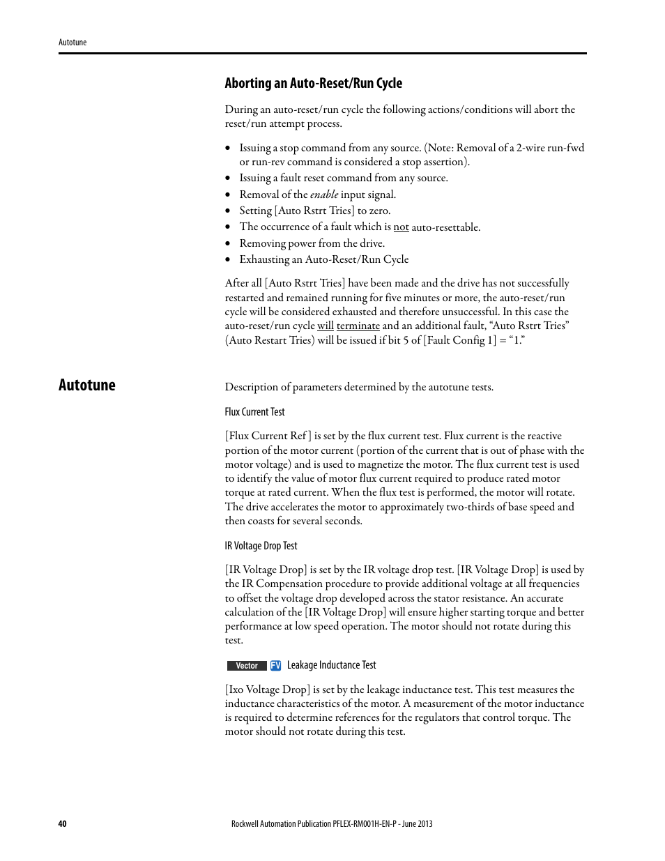 Autotune, Aborting an auto-reset/run cycle | Rockwell Automation 20B PowerFlex 70, PowerFlex 700 Reference Manual User Manual | Page 40 / 214