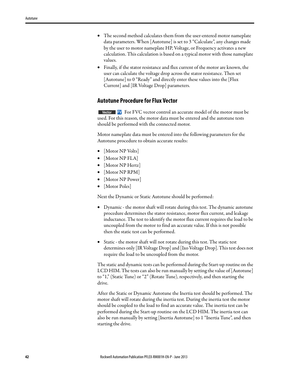 Autotune procedure for flux vector | Rockwell Automation 20B PowerFlex 70, PowerFlex 700 Reference Manual User Manual | Page 42 / 214
