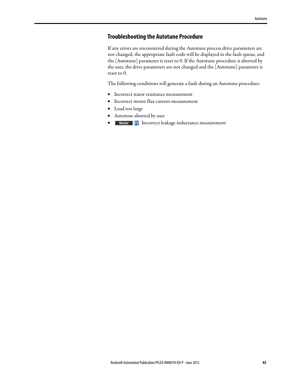 Troubleshooting the autotune procedure | Rockwell Automation 20B PowerFlex 70, PowerFlex 700 Reference Manual User Manual | Page 43 / 214