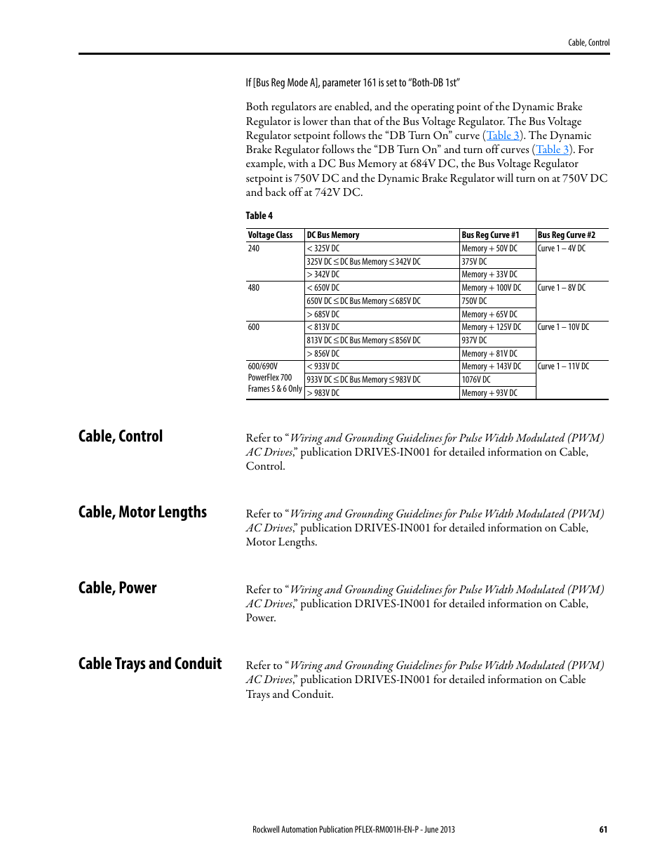 Cable, control, Cable, motor lengths, Cable, power | Cable trays and conduit, Table 4 | Rockwell Automation 20B PowerFlex 70, PowerFlex 700 Reference Manual User Manual | Page 61 / 214