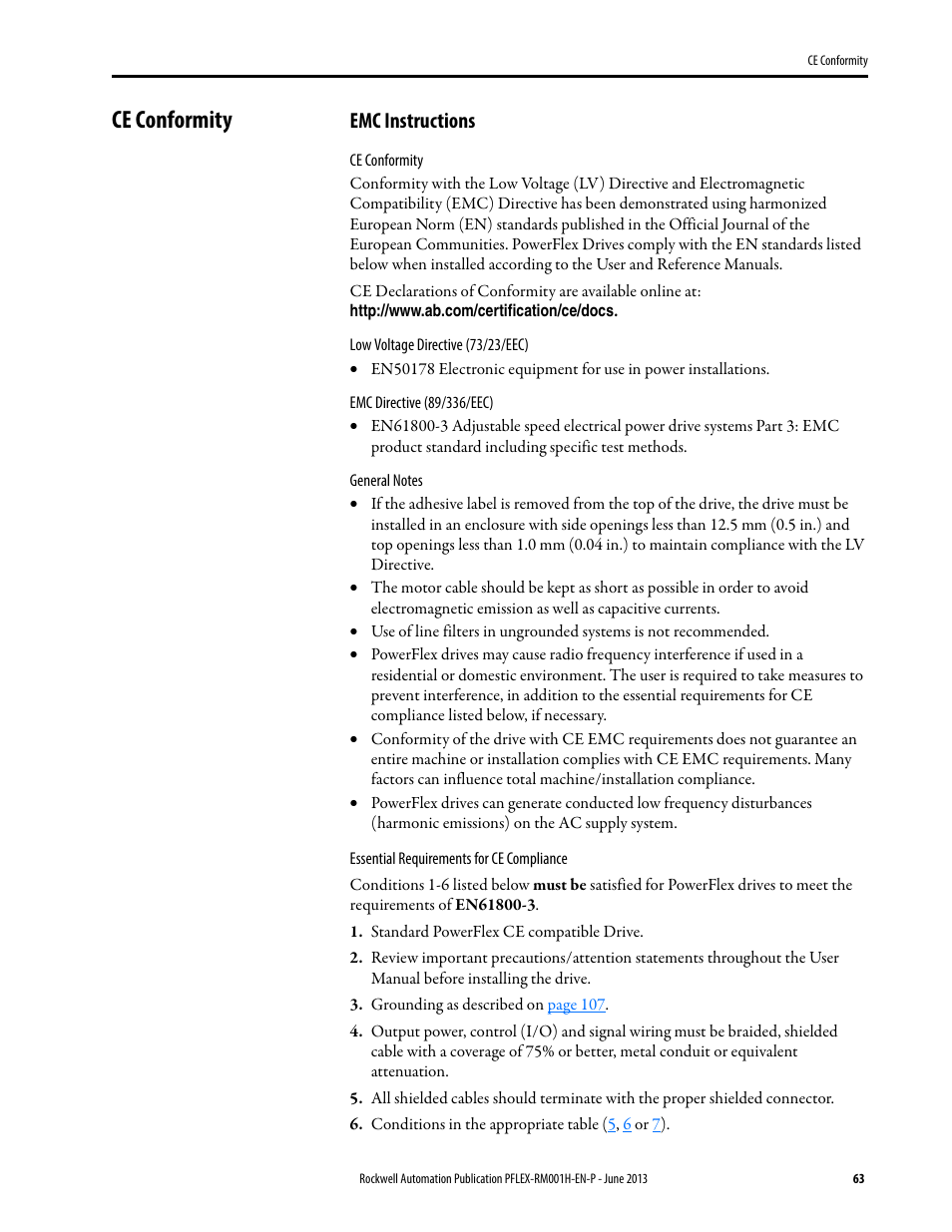 Ce conformity, Emc instructions | Rockwell Automation 20B PowerFlex 70, PowerFlex 700 Reference Manual User Manual | Page 63 / 214