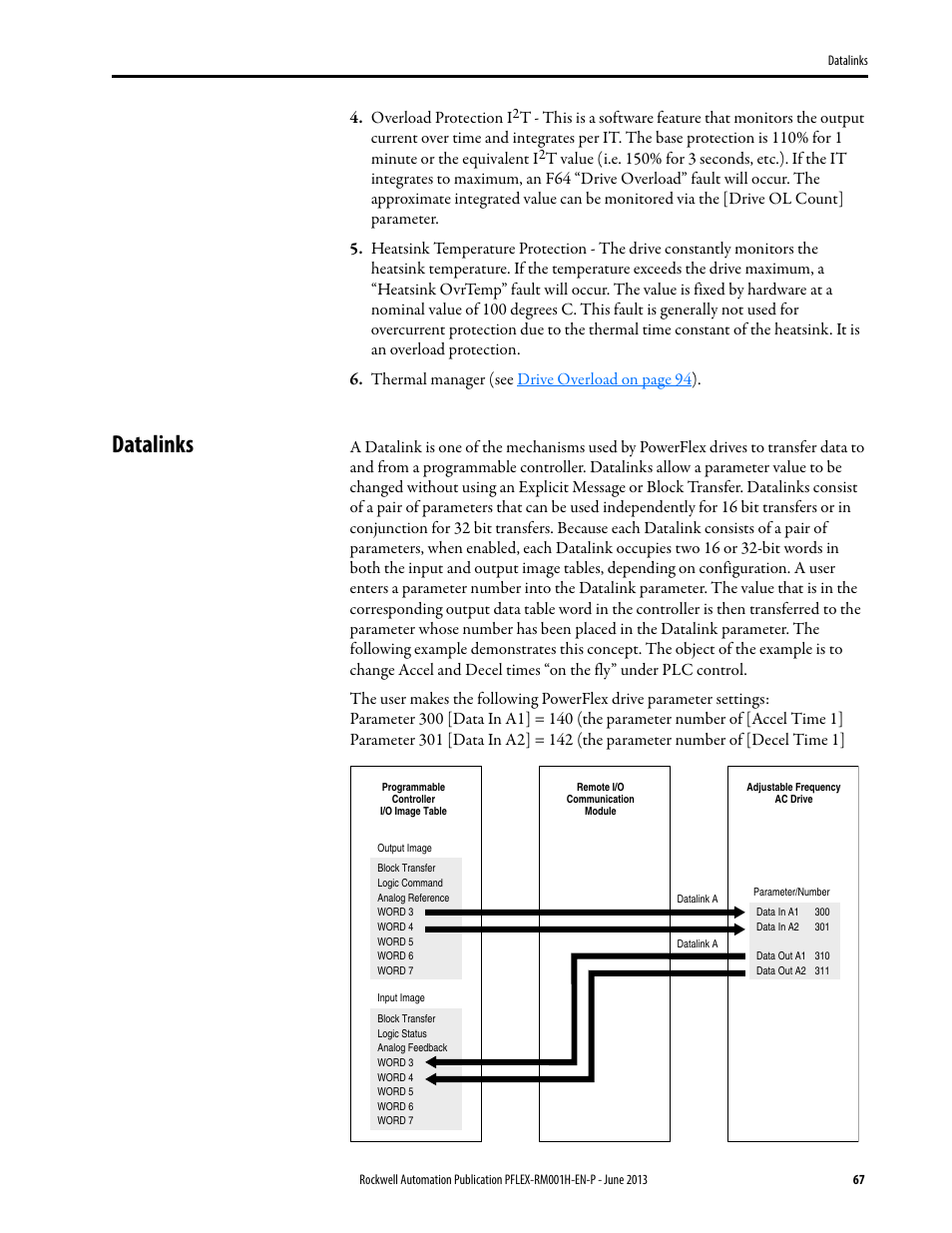 Datalinks, Overload protection i | Rockwell Automation 20B PowerFlex 70, PowerFlex 700 Reference Manual User Manual | Page 67 / 214