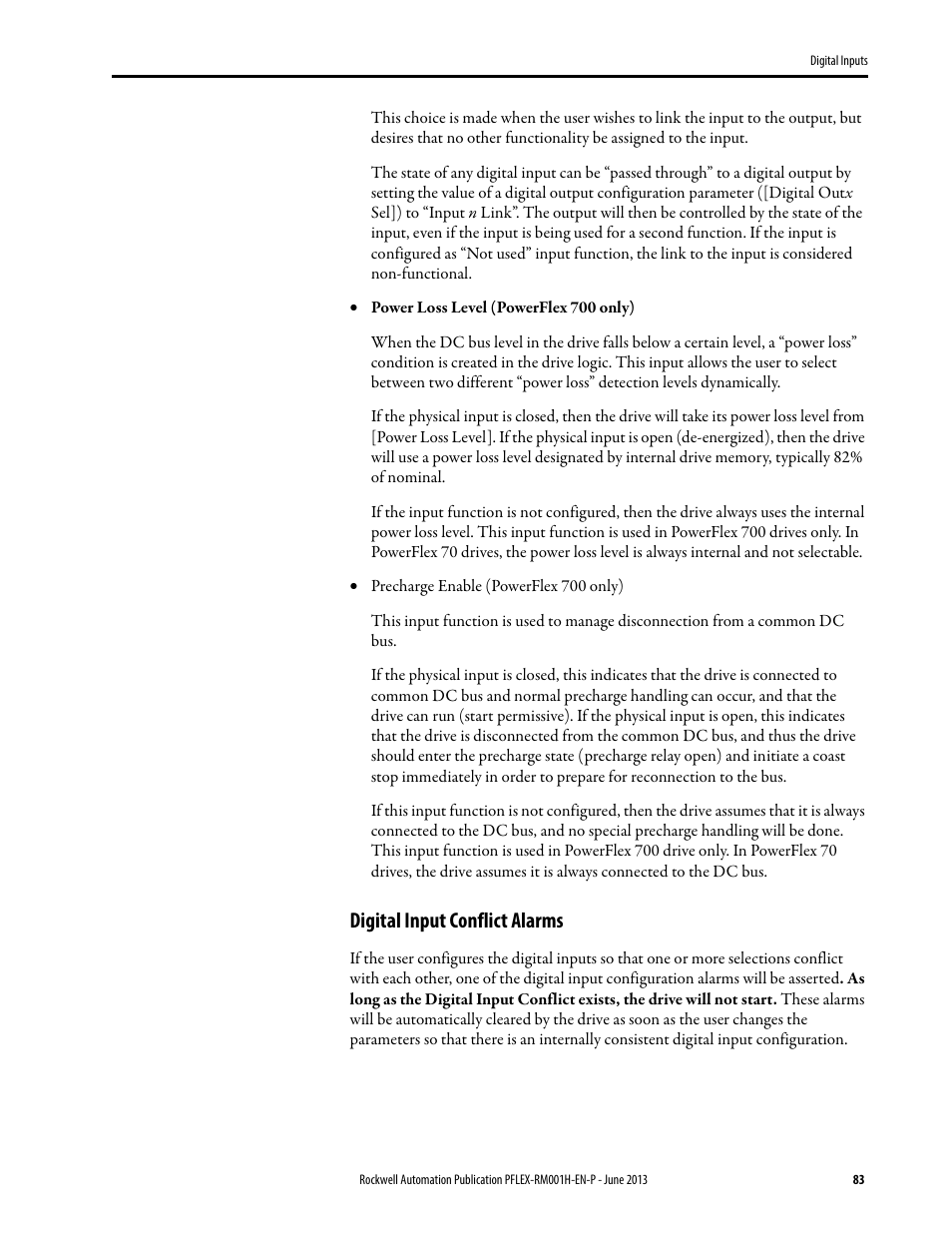 Digital input conflict alarms | Rockwell Automation 20B PowerFlex 70, PowerFlex 700 Reference Manual User Manual | Page 83 / 214