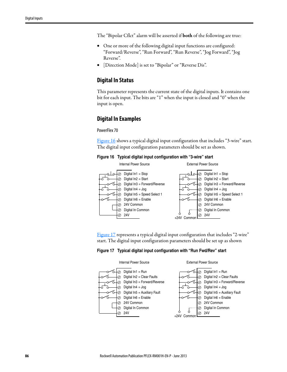 Digital in status, Digital in examples | Rockwell Automation 20B PowerFlex 70, PowerFlex 700 Reference Manual User Manual | Page 86 / 214