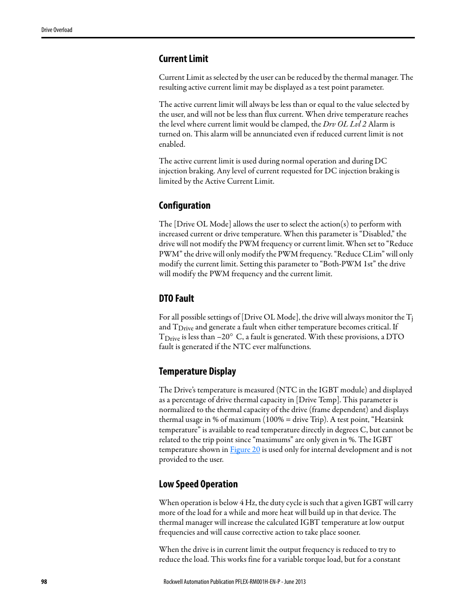 Current limit, Configuration, Dto fault | Temperature display, Low speed operation | Rockwell Automation 20B PowerFlex 70, PowerFlex 700 Reference Manual User Manual | Page 98 / 214