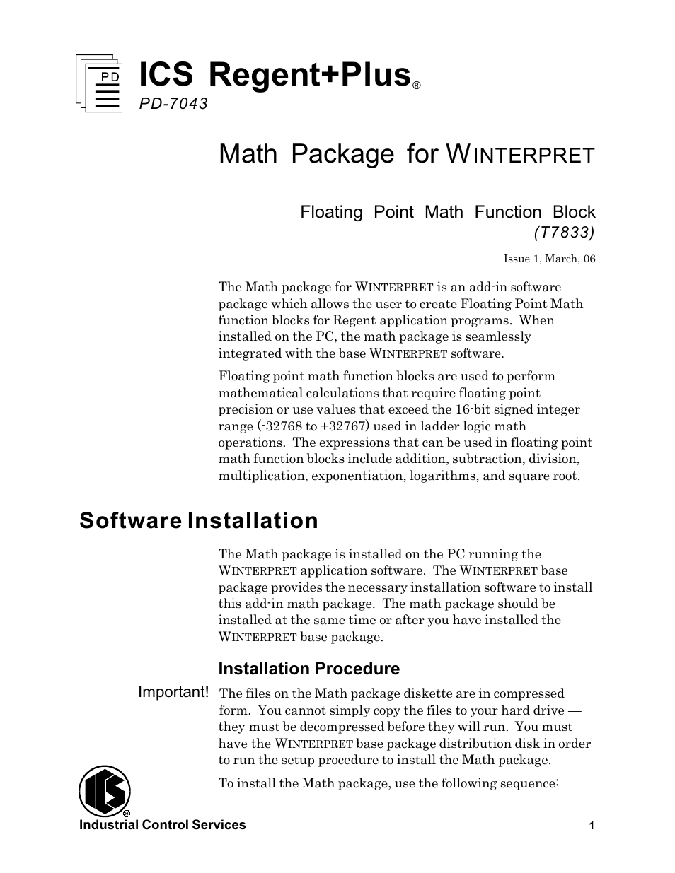 Rockwell Automation T7833 ICS Regent+Plus Math Package for Winternet User Manual | 26 pages