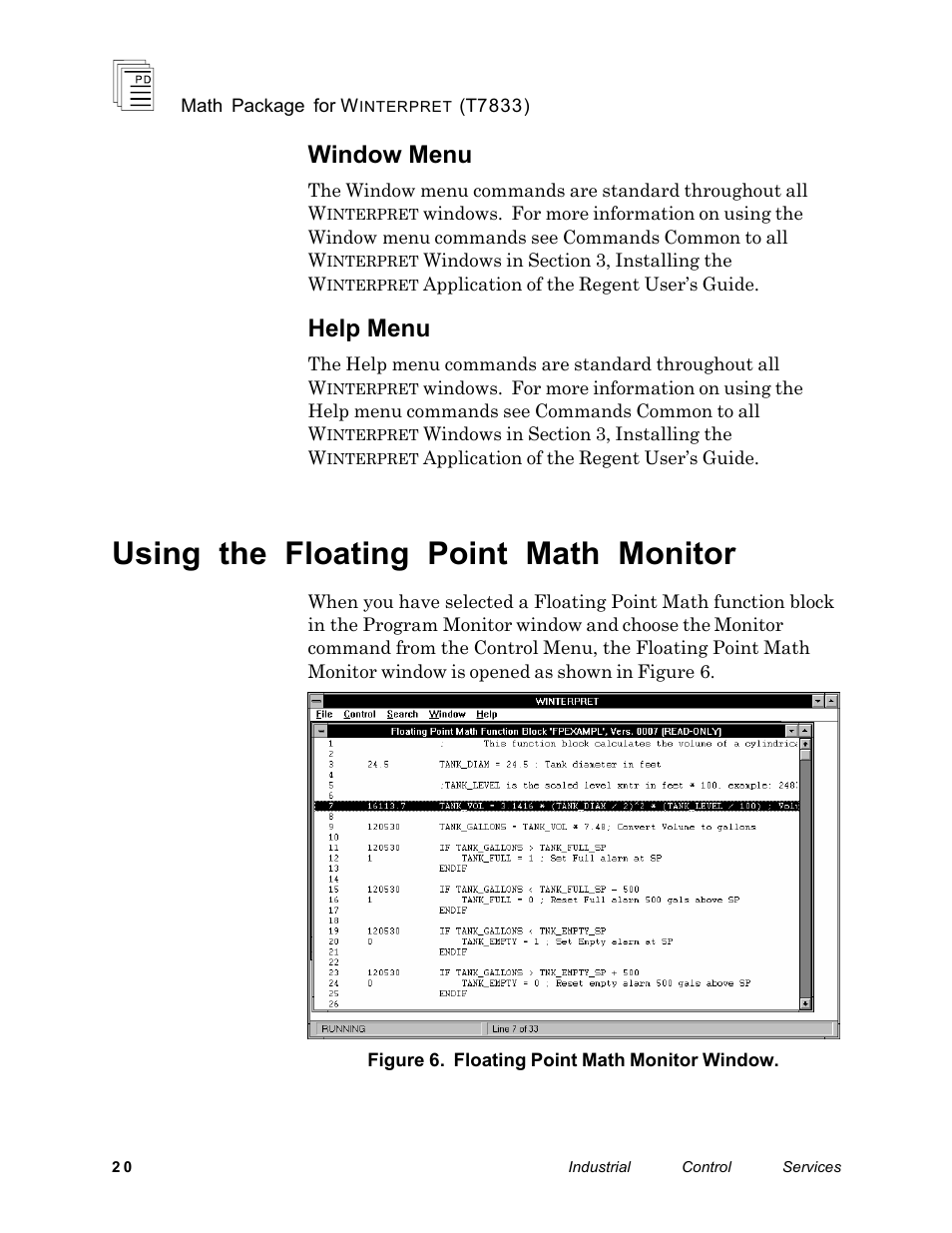 Using the floating point math monitor, Window menu, Help menu | Rockwell Automation T7833 ICS Regent+Plus Math Package for Winternet User Manual | Page 20 / 26