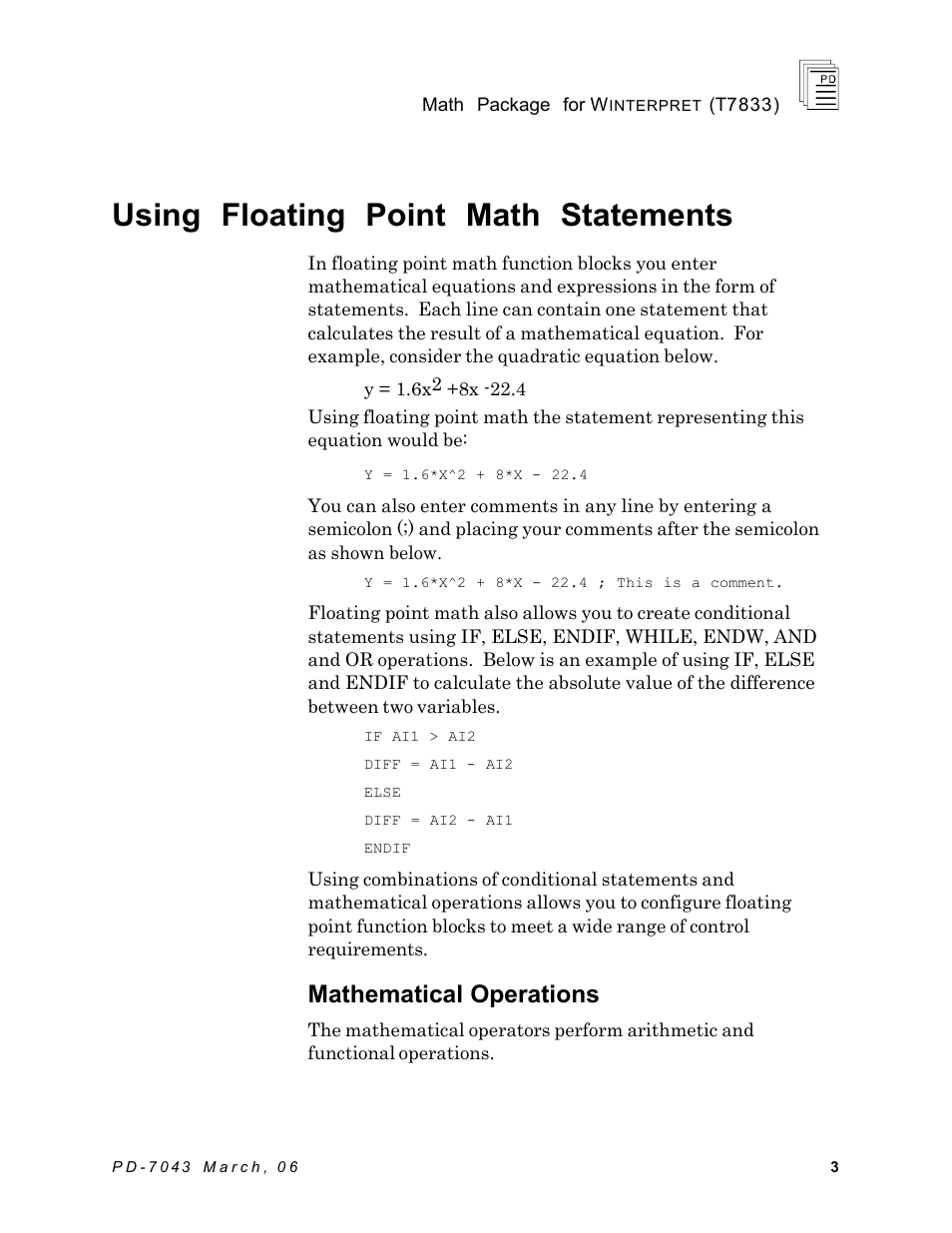 Using floating point math statements, Mathematical operations | Rockwell Automation T7833 ICS Regent+Plus Math Package for Winternet User Manual | Page 3 / 26