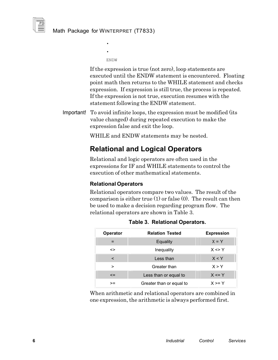 Relational and logical operators | Rockwell Automation T7833 ICS Regent+Plus Math Package for Winternet User Manual | Page 6 / 26