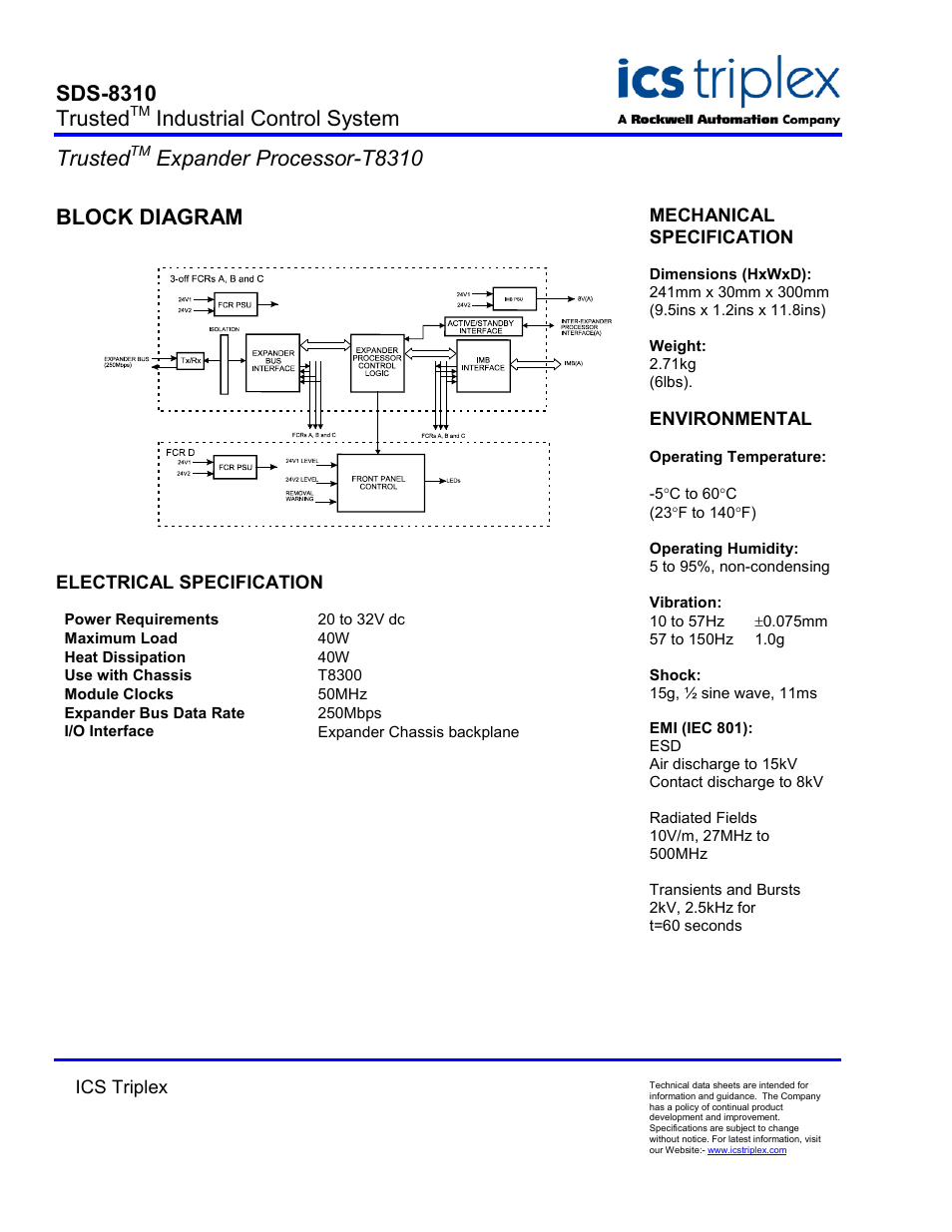 Block diagram, Electrical specification, Sds-8310 trusted | Industrial control system trusted, Expander processor-t8310 | Rockwell Automation T8310 Trusted Expander Processor User Manual | Page 2 / 2