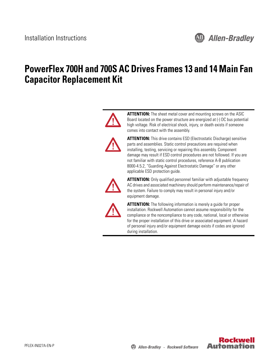 Rockwell Automation 20D PowerFlex 700H/700S AC Drives Frames 13 and 14 Main Fan Capacitor Rplcmnt. Kit User Manual | 18 pages