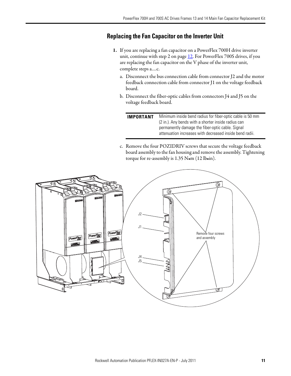 Replacing the fan capacitor on the inverter unit | Rockwell Automation 20D PowerFlex 700H/700S AC Drives Frames 13 and 14 Main Fan Capacitor Rplcmnt. Kit User Manual | Page 11 / 18