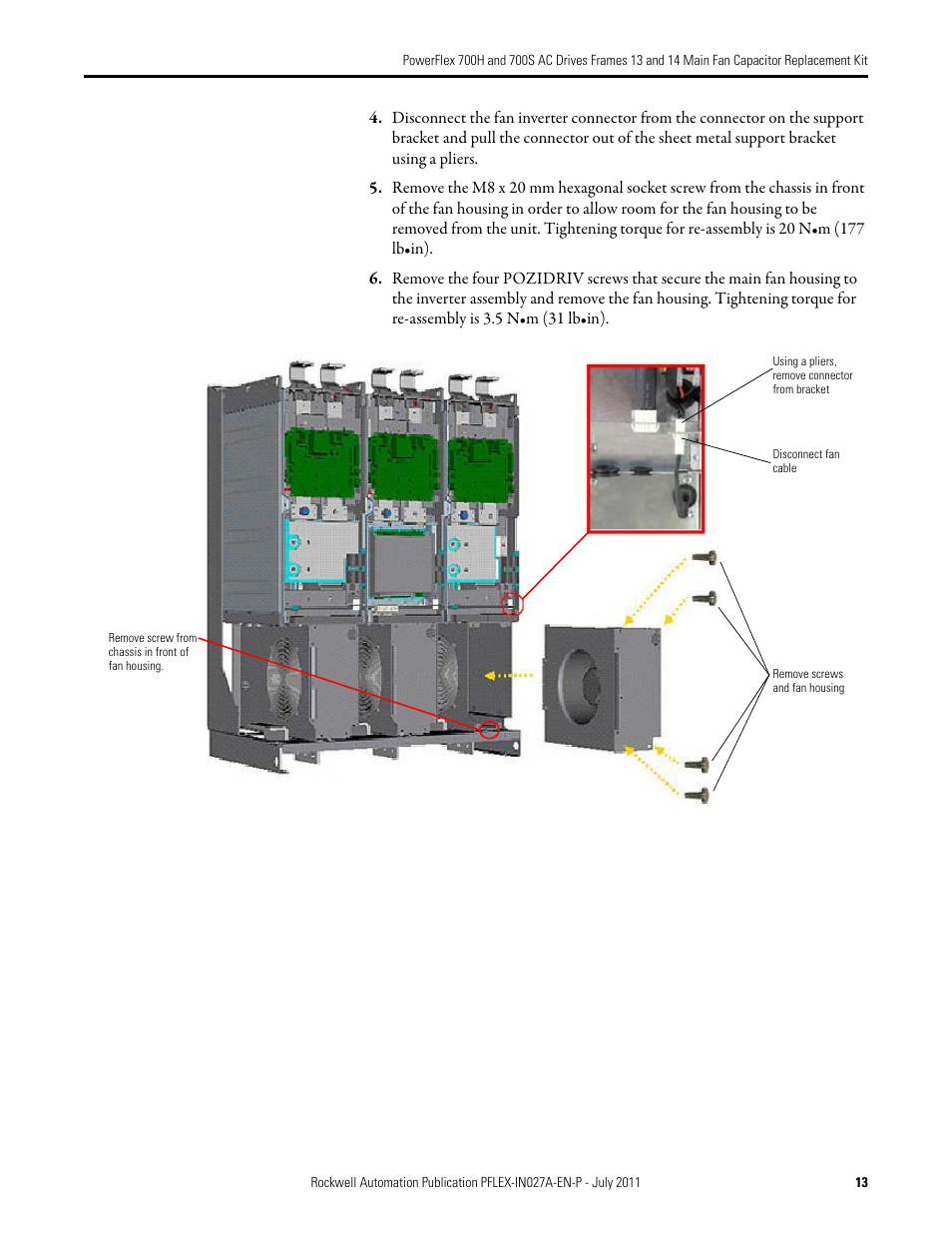 Rockwell Automation 20D PowerFlex 700H/700S AC Drives Frames 13 and 14 Main Fan Capacitor Rplcmnt. Kit User Manual | Page 13 / 18