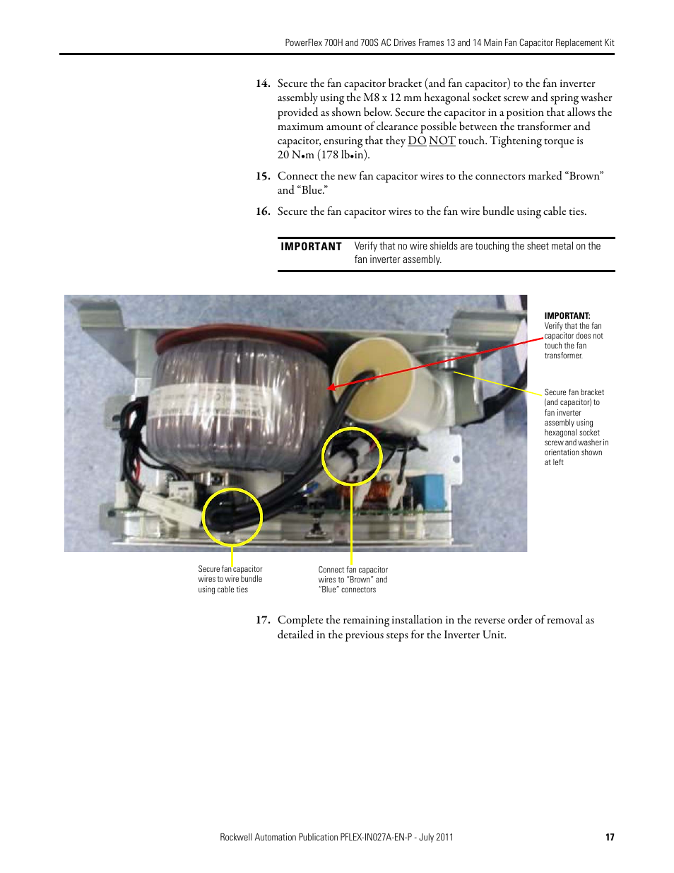 Rockwell Automation 20D PowerFlex 700H/700S AC Drives Frames 13 and 14 Main Fan Capacitor Rplcmnt. Kit User Manual | Page 17 / 18