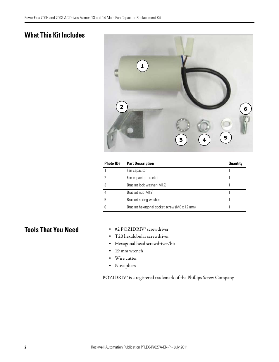 What this kit includes tools that you need | Rockwell Automation 20D PowerFlex 700H/700S AC Drives Frames 13 and 14 Main Fan Capacitor Rplcmnt. Kit User Manual | Page 2 / 18