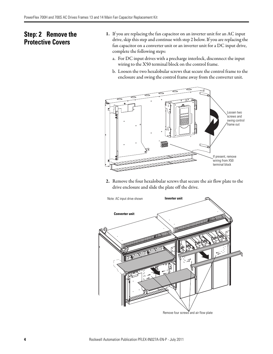 Step: 2 remove the protective covers | Rockwell Automation 20D PowerFlex 700H/700S AC Drives Frames 13 and 14 Main Fan Capacitor Rplcmnt. Kit User Manual | Page 4 / 18