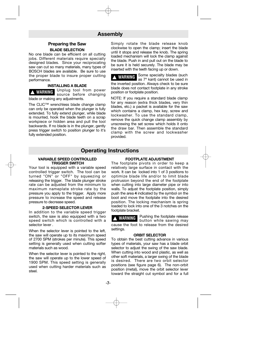 Assembly, Operating instructions | Bosch 1634VS User Manual | Page 7 / 28