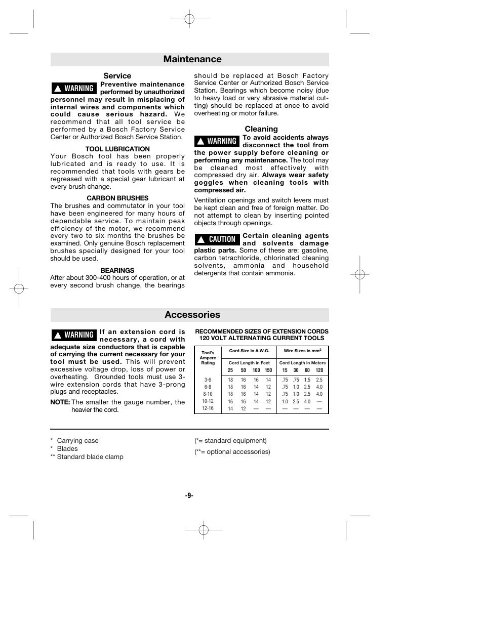 Maintenance accessories, Service, Cleaning | Warning, Caution | Bosch 1634VS User Manual | Page 9 / 28