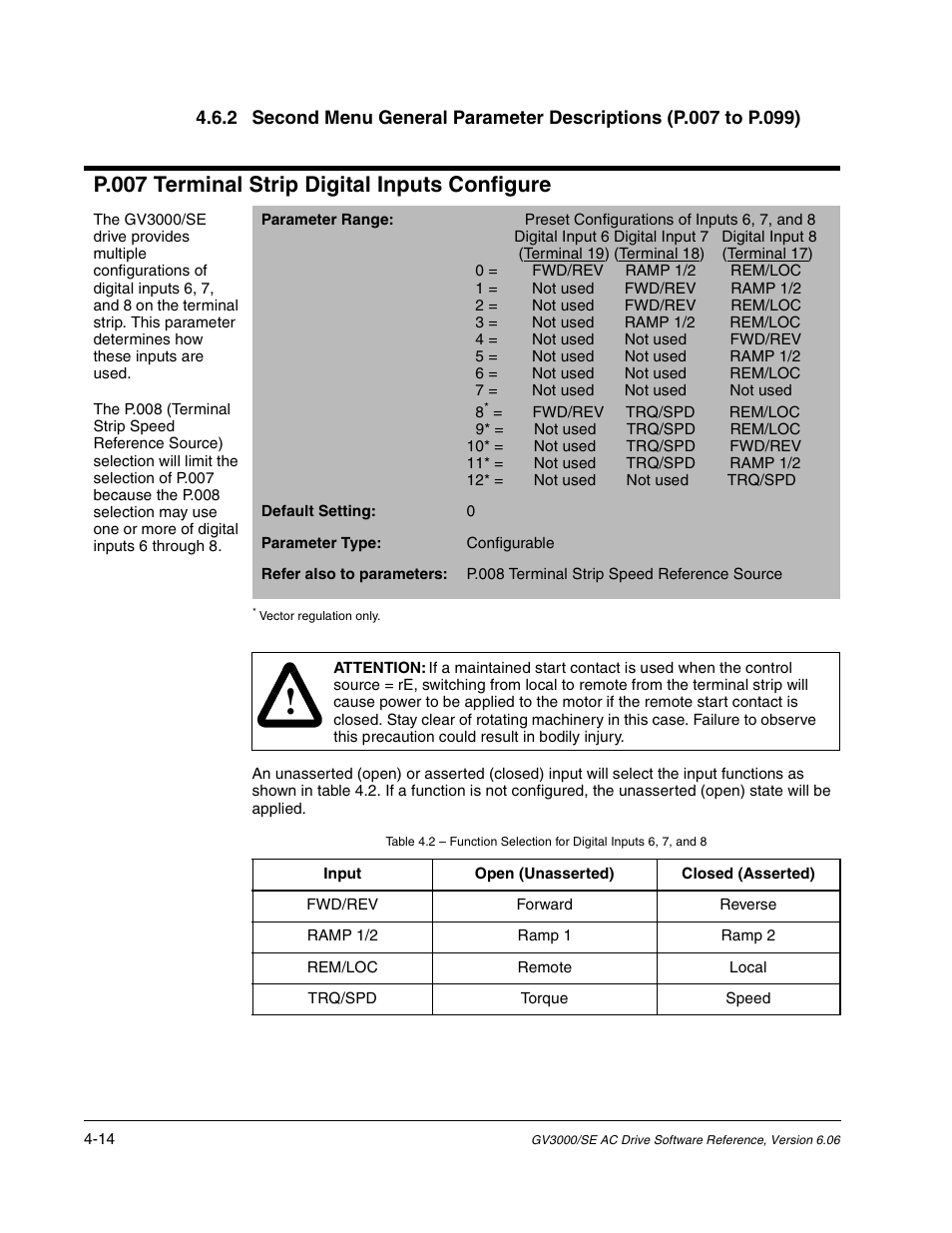 P.007 terminal strip digital inputs configure | Rockwell Automation GV3000/SE AC Gen. Purpose and Vector Drive Software Start-Up and Ref. Manual User Manual | Page 100 / 232