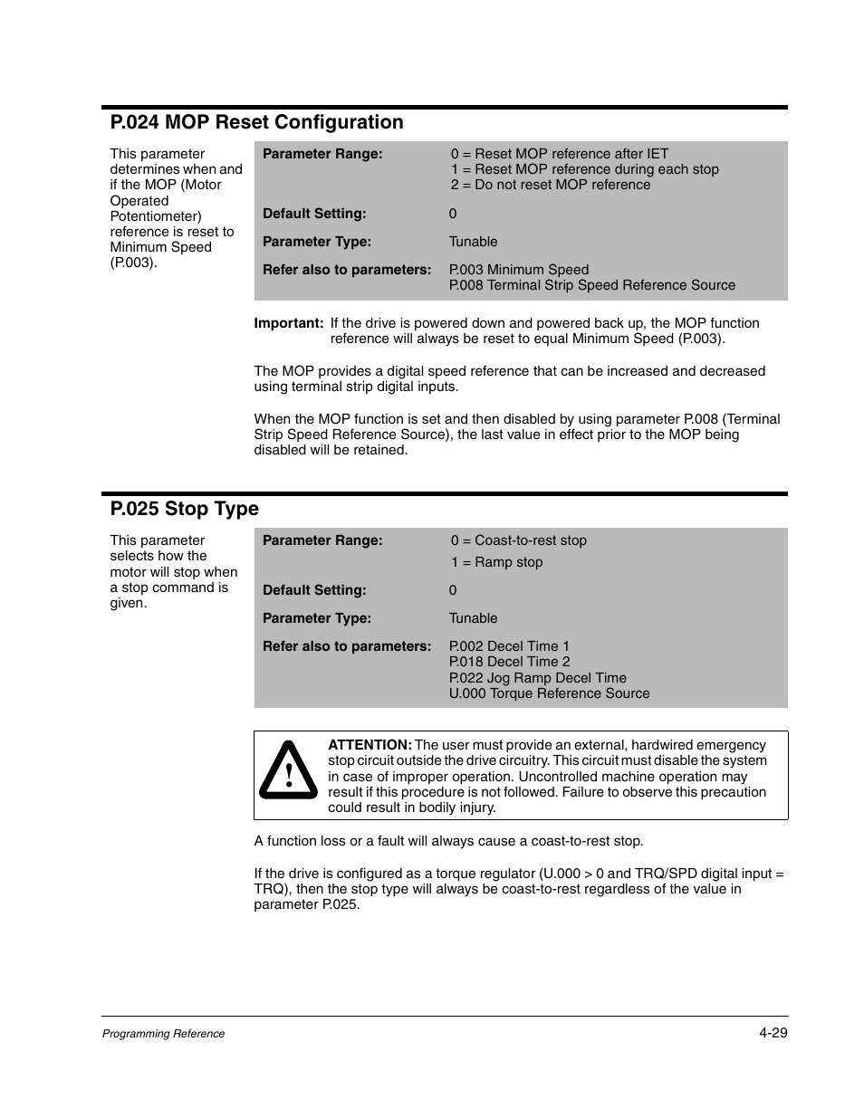 P.024 mop reset configuration, P.025 stop type | Rockwell Automation GV3000/SE AC Gen. Purpose and Vector Drive Software Start-Up and Ref. Manual User Manual | Page 115 / 232