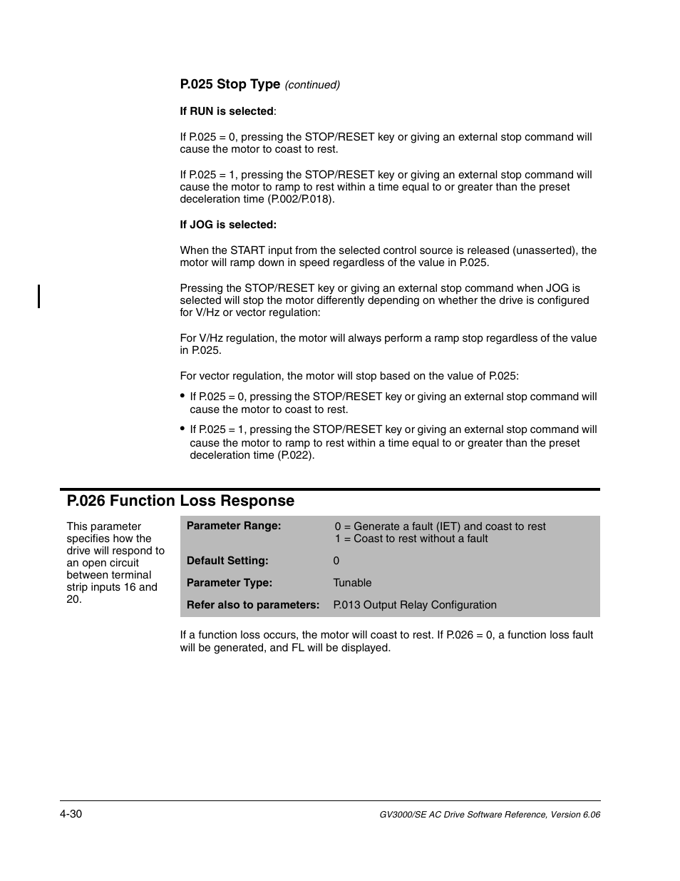 P.026 function loss response | Rockwell Automation GV3000/SE AC Gen. Purpose and Vector Drive Software Start-Up and Ref. Manual User Manual | Page 116 / 232