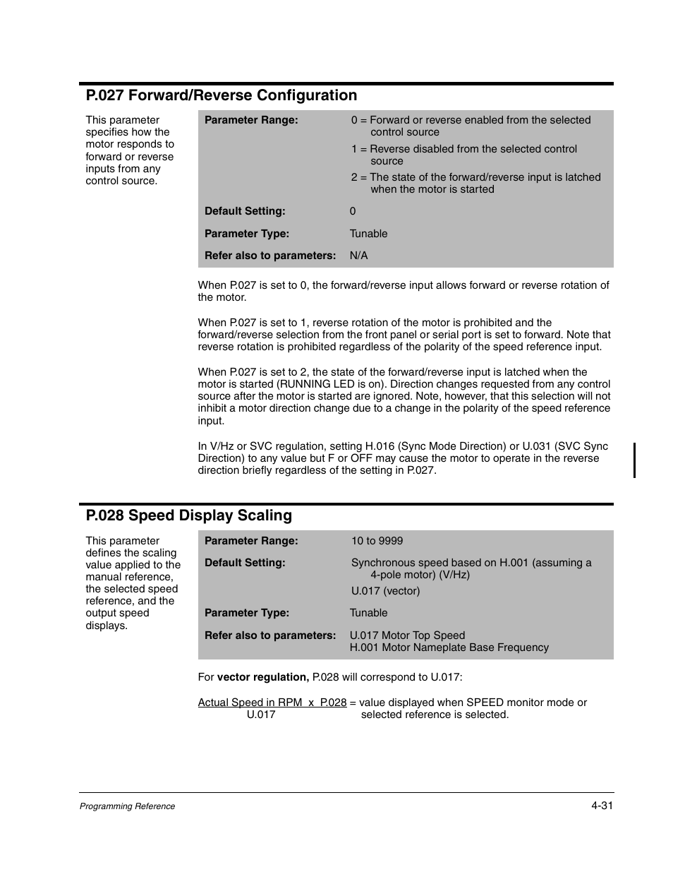 P.027 forward/reverse configuration, P.028 speed display scaling | Rockwell Automation GV3000/SE AC Gen. Purpose and Vector Drive Software Start-Up and Ref. Manual User Manual | Page 117 / 232