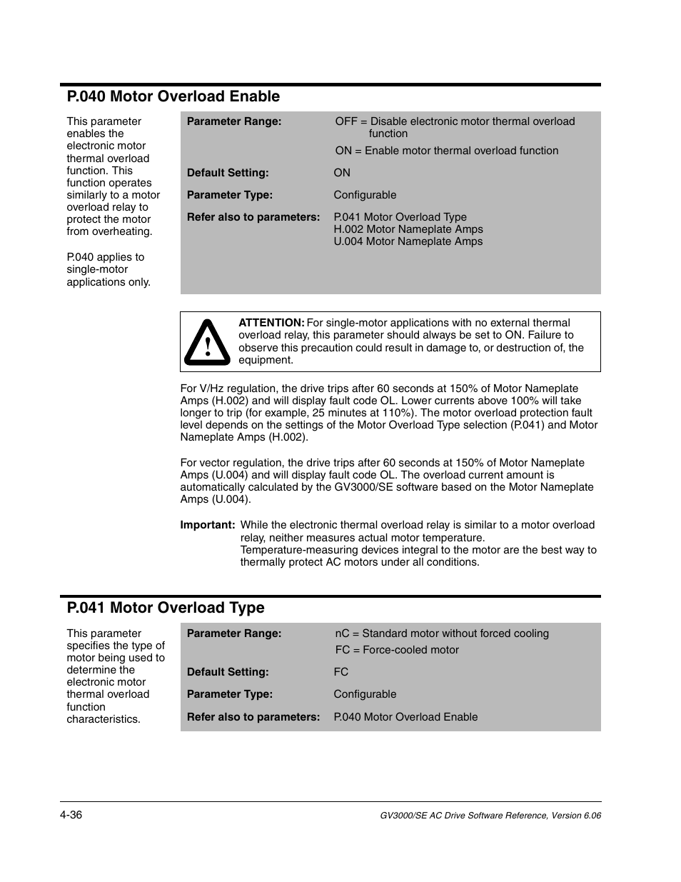 P.040 motor overload enable, P.041 motor overload type | Rockwell Automation GV3000/SE AC Gen. Purpose and Vector Drive Software Start-Up and Ref. Manual User Manual | Page 122 / 232