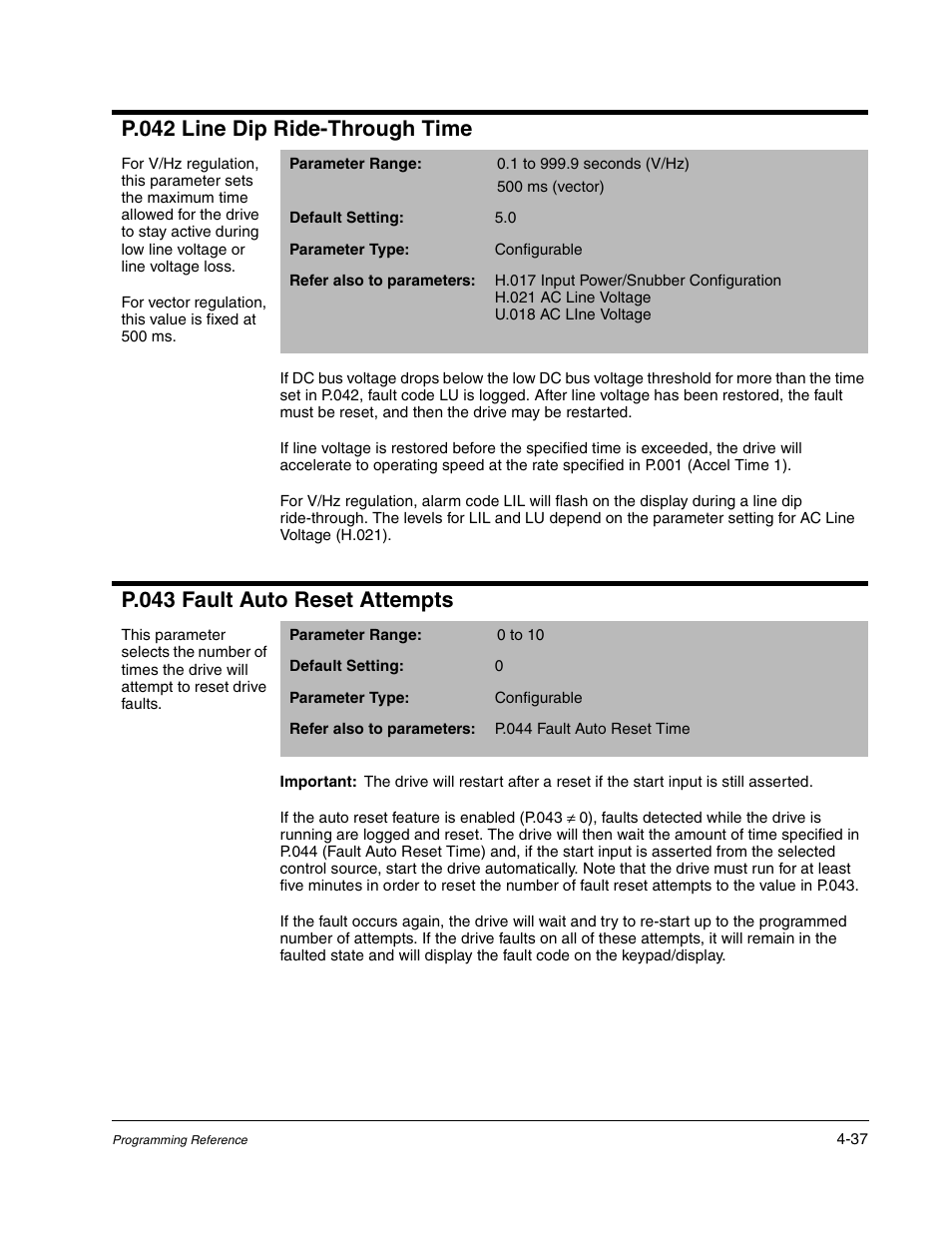 P.042 line dip ride-through time, P.043 fault auto reset attempts | Rockwell Automation GV3000/SE AC Gen. Purpose and Vector Drive Software Start-Up and Ref. Manual User Manual | Page 123 / 232