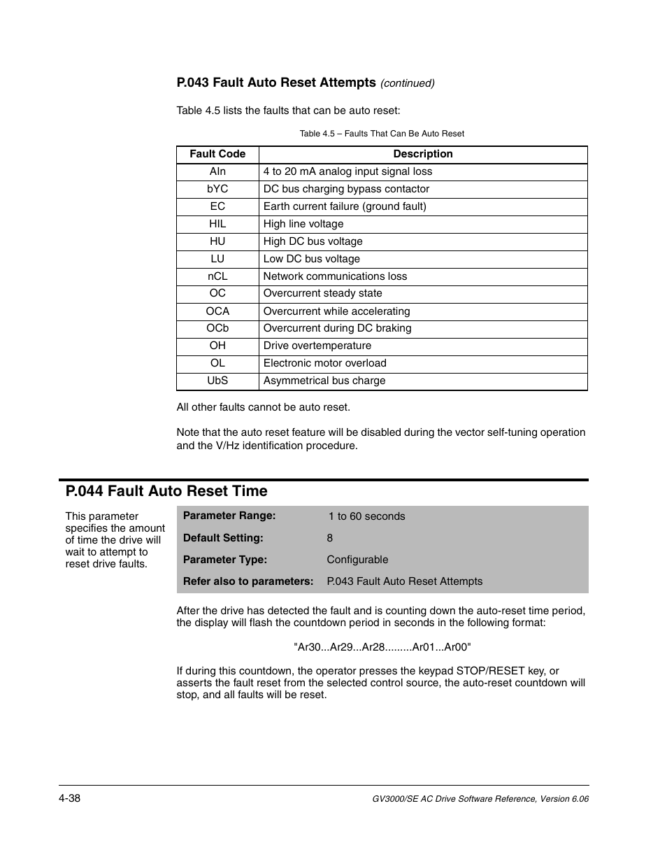 P.044 fault auto reset time | Rockwell Automation GV3000/SE AC Gen. Purpose and Vector Drive Software Start-Up and Ref. Manual User Manual | Page 124 / 232