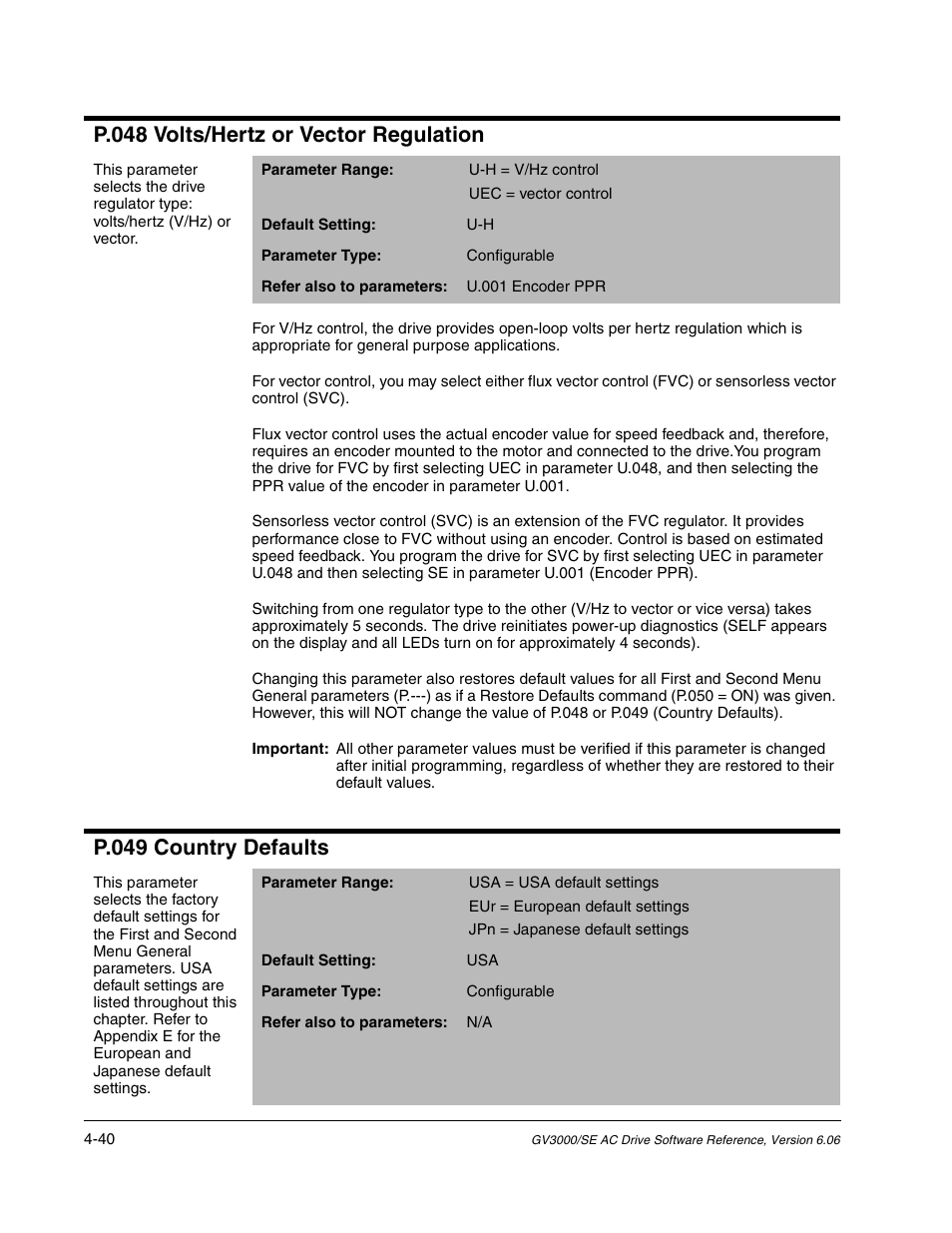 P.048 volts/hertz or vector regulation, P.049 country defaults | Rockwell Automation GV3000/SE AC Gen. Purpose and Vector Drive Software Start-Up and Ref. Manual User Manual | Page 126 / 232