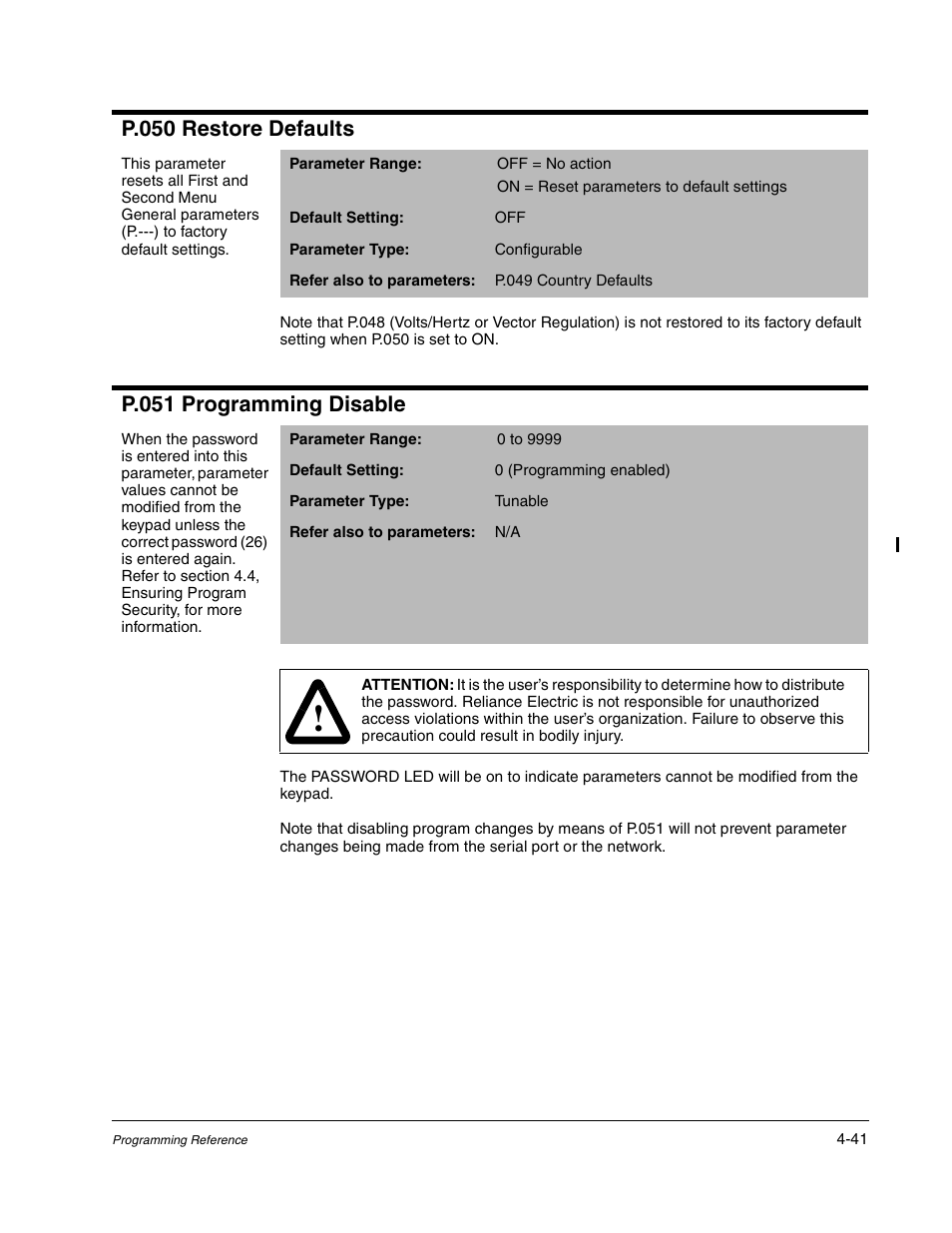 P.050 restore defaults, P.051 programming disable | Rockwell Automation GV3000/SE AC Gen. Purpose and Vector Drive Software Start-Up and Ref. Manual User Manual | Page 127 / 232