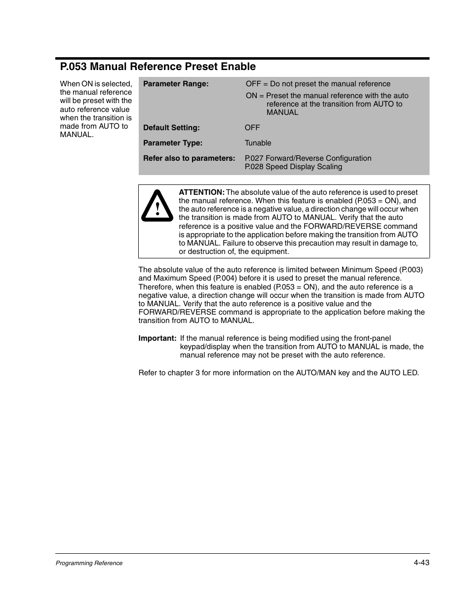 P.053 manual reference preset enable | Rockwell Automation GV3000/SE AC Gen. Purpose and Vector Drive Software Start-Up and Ref. Manual User Manual | Page 129 / 232